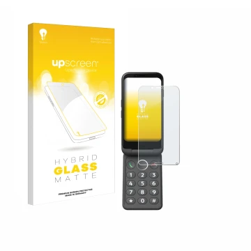 Vorderseite einer Produktverpackung mit dem Markenlogo upscreen. Daneben ist das Gerät Doro Aurora A20 mit dem zugehörigen Dis