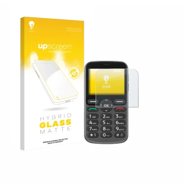 Vorderseite einer Produktverpackung mit dem Markenlogo upscreen. Daneben ist das Gerät Doro 1380 mit dem zugehörigen Displaysc