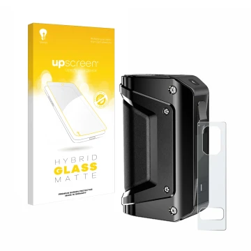 Vorderseite einer Produktverpackung mit dem Markenlogo upscreen. Daneben ist das Gerät GeekVape Aegis Legend 3 mit dem zugehör