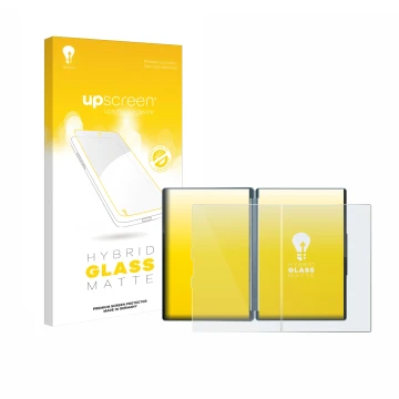 Vorderseite einer Produktverpackung mit dem Markenlogo upscreen. Daneben ist das Gerät Lenovo Yoga Book 9 14IAH10 mit dem zuge