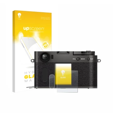 Vorderseite einer Produktverpackung mit dem Markenlogo upscreen. Daneben ist das Gerät Fujifilm X Half X-HF1 mit dem zugehörig
