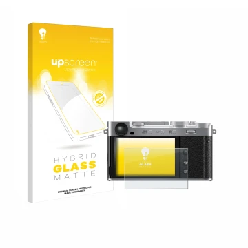 Vorderseite einer Produktverpackung mit dem Markenlogo upscreen. Daneben ist das Gerät Fujifilm X-E5 mit dem zugehörigen Displ