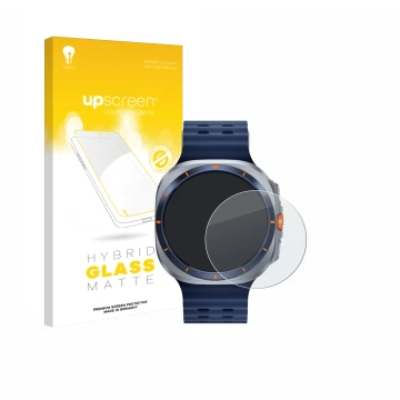 Vorderseite einer Produktverpackung mit dem Markenlogo upscreen. Daneben ist das Gerät Samsung Galaxy Watch Ultra 2 (47 mm) mi