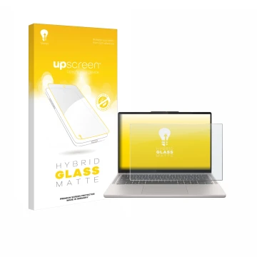 Vorderseite einer Produktverpackung mit dem Markenlogo upscreen. Daneben ist das Gerät Lenovo Chromebook Plus 14 mit dem zugeh