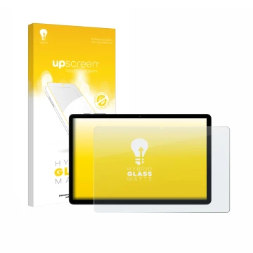 Vorderseite einer Produktverpackung mit dem Markenlogo upscreen. Daneben ist das Gerät Doogee Tab G6 mit dem zugehörigen Displ