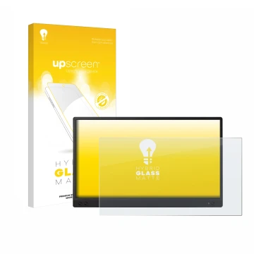 Vorderseite einer Produktverpackung mit dem Markenlogo upscreen. Daneben ist das Gerät ASUS ZenScreen MB166C mit dem zugehörig