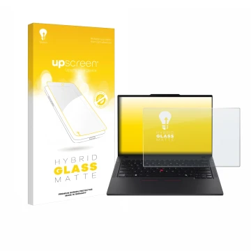 Vorderseite einer Produktverpackung mit dem Markenlogo upscreen. Daneben ist das Gerät Lenovo ThinkPad T14 Gen 6 mit dem zugeh