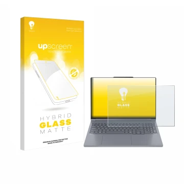 Vorderseite einer Produktverpackung mit dem Markenlogo upscreen. Daneben ist das Gerät Lenovo ThinkBook 16p Gen 6 mit dem zuge