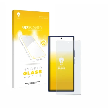 Vorderseite einer Produktverpackung mit dem Markenlogo upscreen. Daneben ist das Gerät Samsung Galaxy Z Fold 7 mit dem zugehör