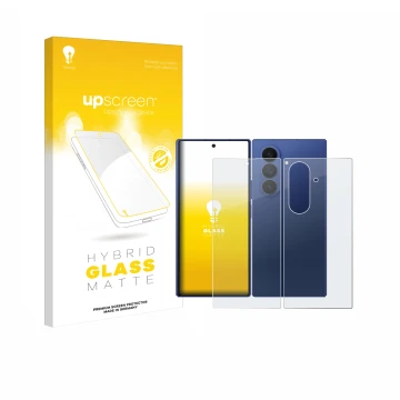 Vorderseite einer Produktverpackung mit dem Markenlogo upscreen. Daneben ist das Gerät Samsung Galaxy Z Fold 7 (Display+Rückse