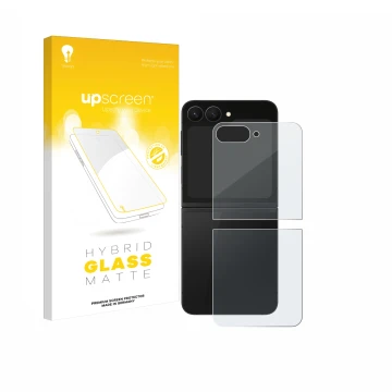 Vorderseite einer Produktverpackung mit dem Markenlogo upscreen. Daneben ist das Gerät Samsung Galaxy Z Flip 7 FE (Rückseite) 