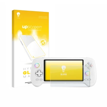 Vorderseite einer Produktverpackung mit dem Markenlogo upscreen. Daneben ist das Gerät Anbernic RG557 mit dem zugehörigen Disp