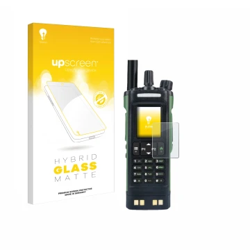 Vorderseite einer Produktverpackung mit dem Markenlogo upscreen. Daneben ist das Gerät Baofeng DM-32 mit dem zugehörigen Displ