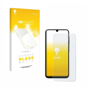 Vorderseite einer Produktverpackung mit dem Markenlogo upscreen. Daneben ist das Gerät Samsung Galaxy A17 5G mit dem zugehörig