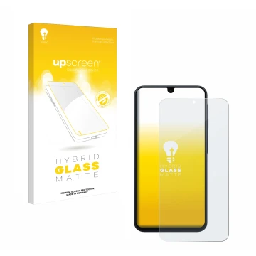 Vorderseite einer Produktverpackung mit dem Markenlogo upscreen. Daneben ist das Gerät Samsung Galaxy A17 4G mit dem zugehörig