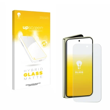 Vorderseite einer Produktverpackung mit dem Markenlogo upscreen. Daneben ist das Gerät Google Pixel 10 Pro Fold mit dem zugehö
