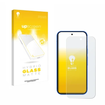 Vorderseite einer Produktverpackung mit dem Markenlogo upscreen. Daneben ist das Gerät Google Pixel 10 mit dem zugehörigen Dis