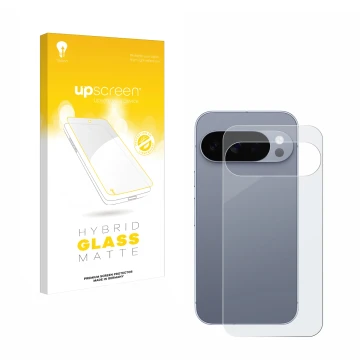 Vorderseite einer Produktverpackung mit dem Markenlogo upscreen. Daneben ist das Gerät Google Pixel 10 Pro (Rückseite) mit dem