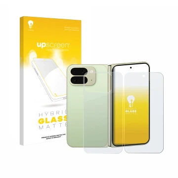 Vorderseite einer Produktverpackung mit dem Markenlogo upscreen. Daneben ist das Gerät Google Pixel 10 Pro Fold (Display+Rücks