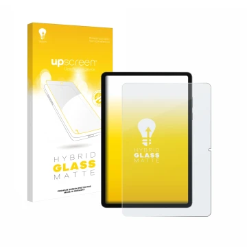 Vorderseite einer Produktverpackung mit dem Markenlogo upscreen. Daneben ist das Gerät Samsung Galaxy Tab S11 (Hochformat) mit