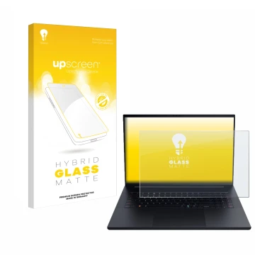 Vorderseite einer Produktverpackung mit dem Markenlogo upscreen. Daneben ist das Gerät Razer Blade 18 2025 mit dem zugehörigen