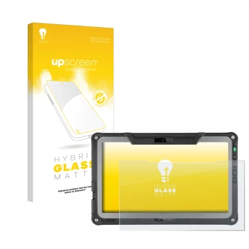 Vorderseite einer Produktverpackung mit dem Markenlogo upscreen. Daneben ist das Gerät Getac F110 G7 mit dem zugehörigen Displ