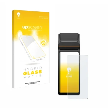 Vorderseite einer Produktverpackung mit dem Markenlogo upscreen. Daneben ist das Gerät Sunmi V3H mit dem zugehörigen Displaysc