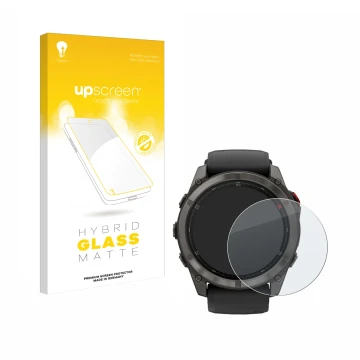 Vorderseite einer Produktverpackung mit dem Markenlogo upscreen. Daneben ist das Gerät Garmin Fenix 8 Pro MicroLED (51 mm) mit