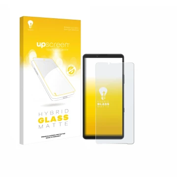 Vorderseite einer Produktverpackung mit dem Markenlogo upscreen. Daneben ist das Gerät Sony Xperia 10 VII mit dem zugehörigen 