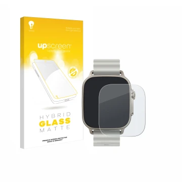 Vorderseite einer Produktverpackung mit dem Markenlogo upscreen. Daneben ist das Gerät realme Watch 5 mit dem zugehörigen Disp