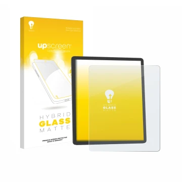 Vorderseite einer Produktverpackung mit dem Markenlogo upscreen. Daneben ist das Gerät Amazon Kindle Scribe 2025 mit dem zugeh