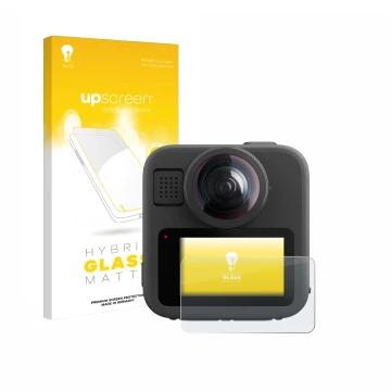 Vorderseite einer Produktverpackung mit dem Markenlogo upscreen. Daneben ist das Gerät GoPro Max 2 mit dem zugehörigen Display