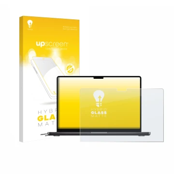 Vorderseite einer Produktverpackung mit dem Markenlogo upscreen. Daneben ist das Gerät Apple MacBook Pro 14