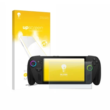 Vorderseite einer Produktverpackung mit dem Markenlogo upscreen. Daneben ist das Gerät ASUS ROG Xbox Ally X mit dem zugehörige