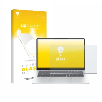 Vorderseite einer Produktverpackung mit dem Markenlogo upscreen. Daneben ist das Gerät HP OmniBook 5 14 mit dem zugehörigen Di