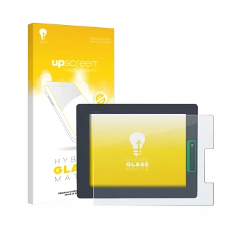 Vorderseite einer Produktverpackung mit dem Markenlogo upscreen. Daneben ist das Gerät Schneider-electric HMIDT542 mit dem zug