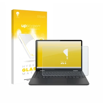 Vorderseite einer Produktverpackung mit dem Markenlogo upscreen. Daneben ist das Gerät Lenovo 13w Yoga Gen 2 mit dem zugehörig
