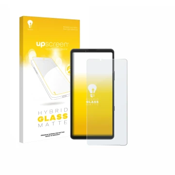 Vorderseite einer Produktverpackung mit dem Markenlogo upscreen. Daneben ist das Gerät Sony Xperia 10 VII (case-friendly) mit 