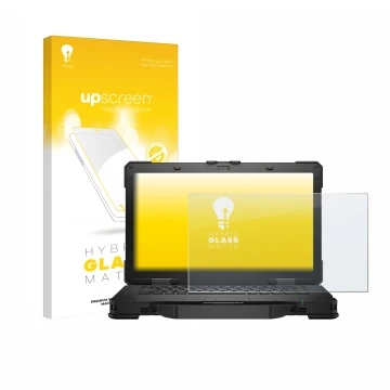 Vorderseite einer Produktverpackung mit dem Markenlogo upscreen. Daneben ist das Gerät Dell Pro Rugged 14 Laptop mit dem zugeh