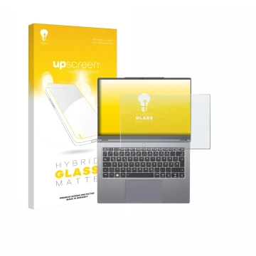 Vorderseite einer Produktverpackung mit dem Markenlogo upscreen. Daneben ist das Gerät Tuxedo InfinityBook Pro 14 Gen 10 mit d
