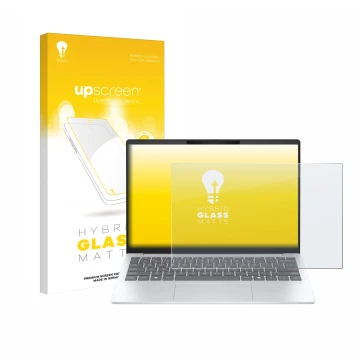 Vorderseite einer Produktverpackung mit dem Markenlogo upscreen. Daneben ist das Gerät HP OmniBook 7 Aero 13 mit dem zugehörig