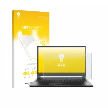 Vorderseite einer Produktverpackung mit dem Markenlogo upscreen. Daneben ist das Gerät Gigabyte AORUS 17 2024 mit dem zugehöri