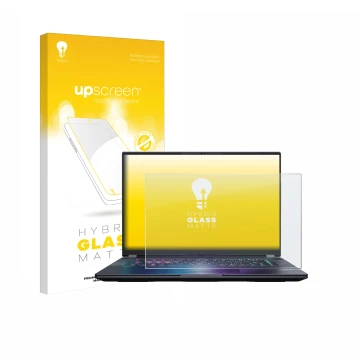 Vorderseite einer Produktverpackung mit dem Markenlogo upscreen. Daneben ist das Gerät Gigabyte AORUS Elite 16 2025 mit dem zu