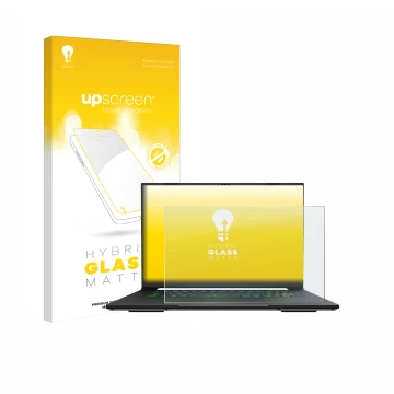 Vorderseite einer Produktverpackung mit dem Markenlogo upscreen. Daneben ist das Gerät Gigabyte AERO X16 2025 mit dem zugehöri