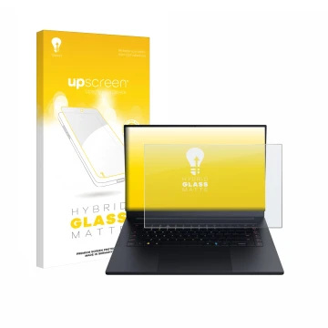 Vorderseite einer Produktverpackung mit dem Markenlogo upscreen. Daneben ist das Gerät Razer Blade 16 2025 mit dem zugehörigen