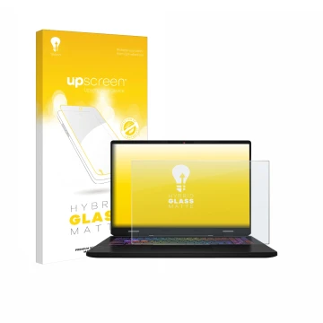 Vorderseite einer Produktverpackung mit dem Markenlogo upscreen. Daneben ist das Gerät MSI Vector 16 HX AI mit dem zugehörigen