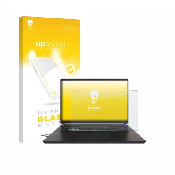 Vorderseite einer Produktverpackung mit dem Markenlogo upscreen. Daneben ist das Gerät MSI Vector 17 HX mit dem zugehörigen Di