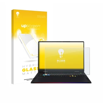 Vorderseite einer Produktverpackung mit dem Markenlogo upscreen. Daneben ist das Gerät MSI Raider 18 HX AI 2025 mit dem zugehö