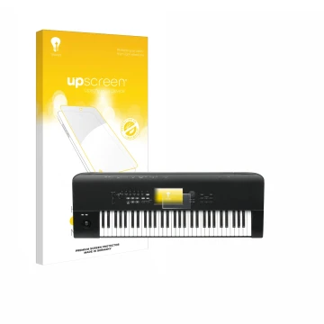 Vorderseite einer Produktverpackung mit dem Markenlogo upscreen. Daneben ist das Gerät KORG Nautilus 61 mit dem zugehörigen Di