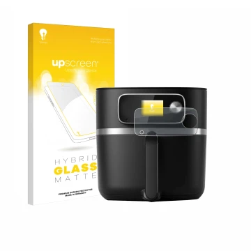 Vorderseite einer Produktverpackung mit dem Markenlogo upscreen. Daneben ist das Gerät Philips Airfryer HD9880/90 mit dem zuge